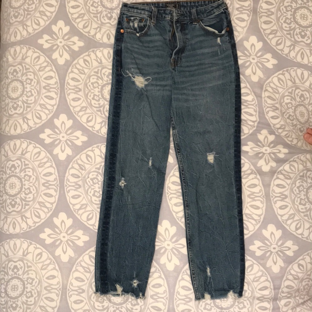 A&F Dark Wash Mom Jeans distressed